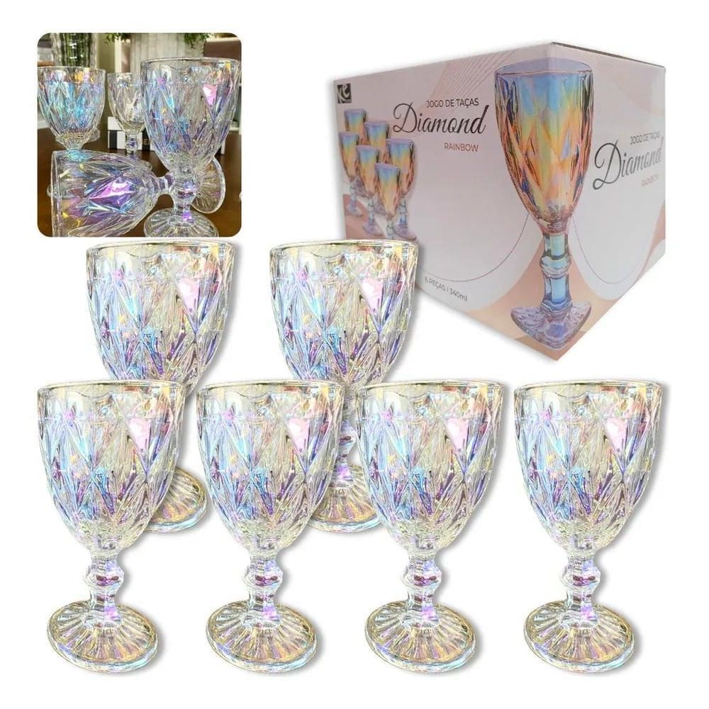 2X Jogo 6 Taça Vidro Decorado Textura Diamante Grossa 300 Ml