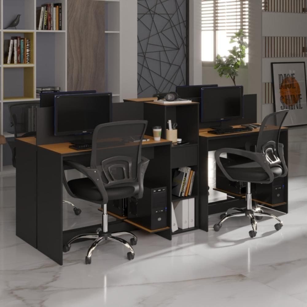 Estação De Trabalho 4 Lugares Office Tech 4 Mesas 2 Armários - Preto E Cedro Preto E Cedro