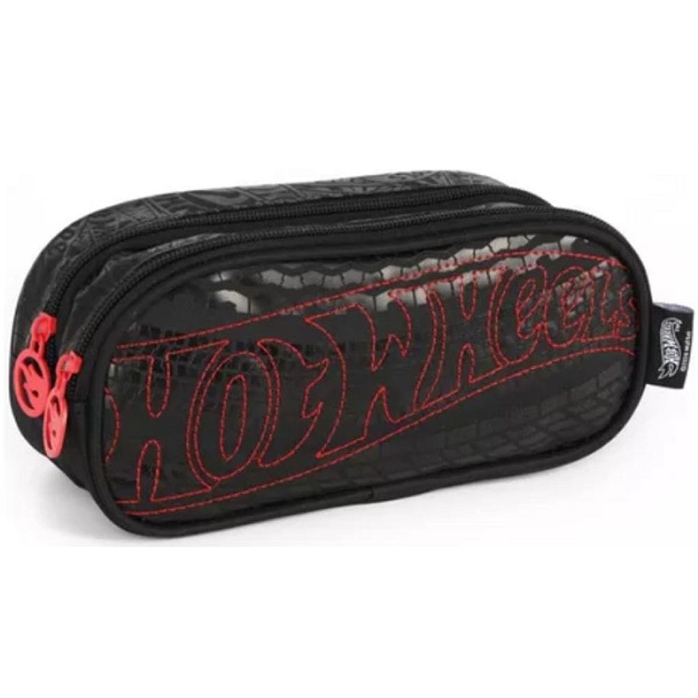 Estojo Duplo HOT Wheels Estampado Escolar Juvenil Luxcel Preto e Vermelho