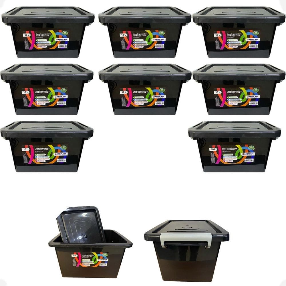 Kit 8 Caixa Organizadora Multiuso Preta Com Trava 10 Litros
