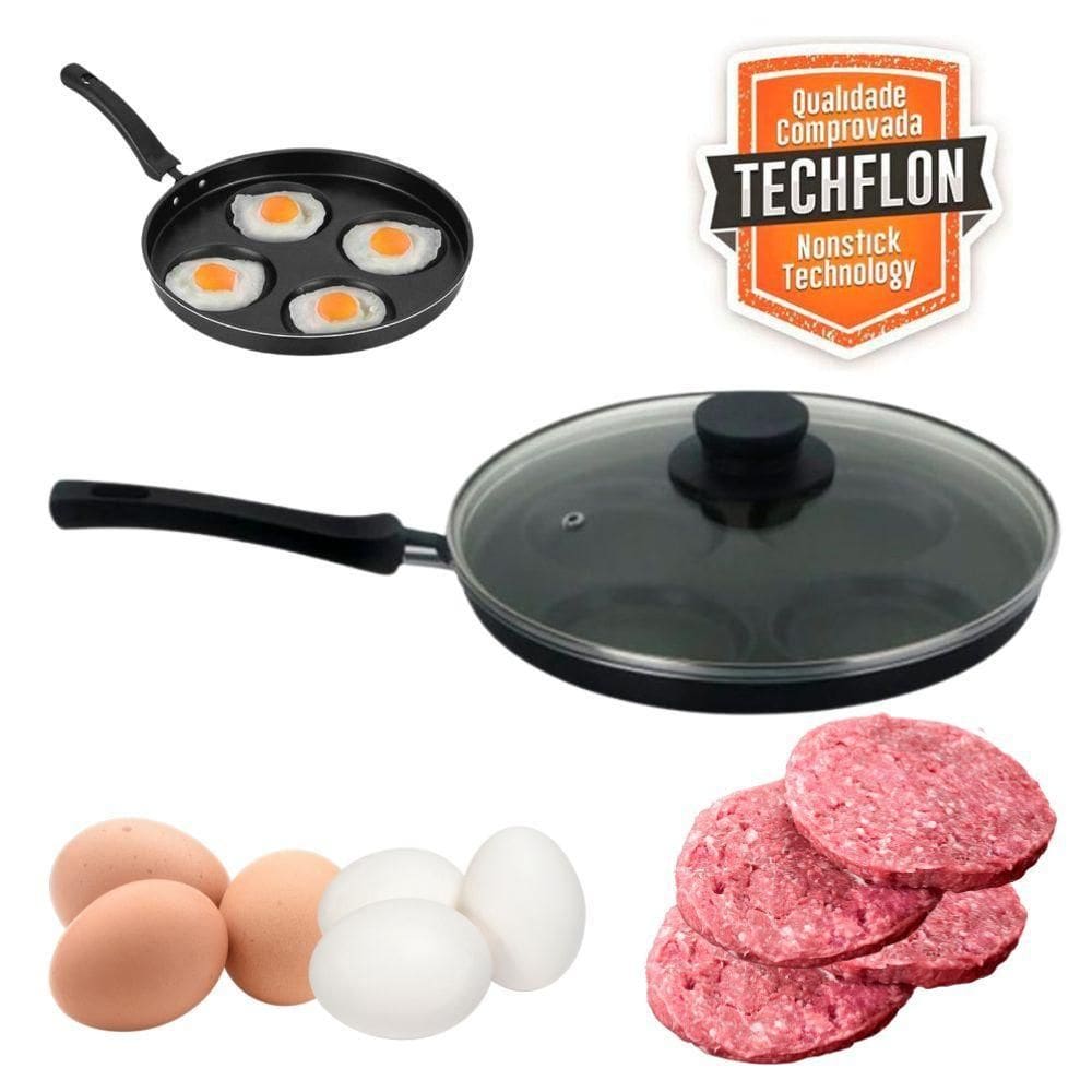 Frigideira 4 Em 1 Preta Com Tampa Para Ovos E Hamburguer