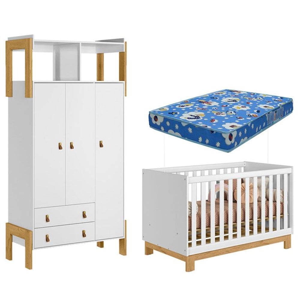 Berço Americano Mini Cama Q Encanto Slim e Guarda Roupa Fantasia Branco Acetinado com Colchão Ortobom - Qmovi
