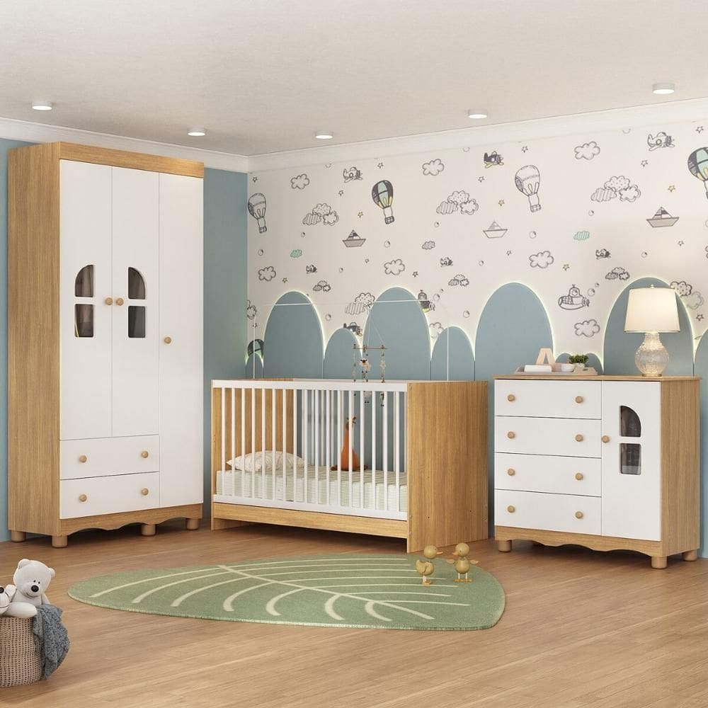 Quarto de Bebê Completo com Berço 3 em 1 para Colchão 130x60cm Aurora Multimóveis MP4560