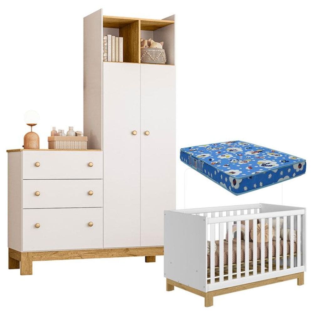 Berço Americano Mini Cama e Guarda Roupa com Cômoda Q Encanto Slim Branco Acetinado com Colchão Tend Tudo - Qmovi