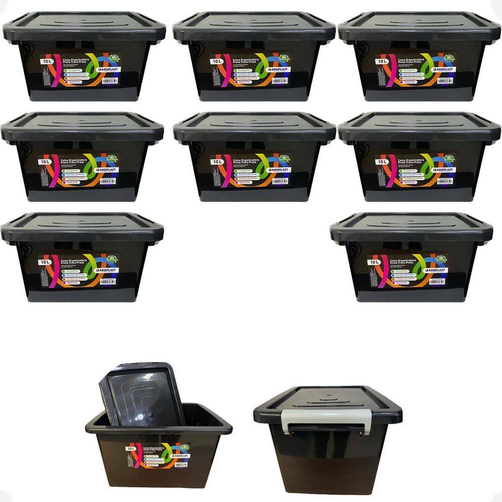 Kit 8 Caixa Organizadora Multiuso Preta Com Trava 10 Litros
