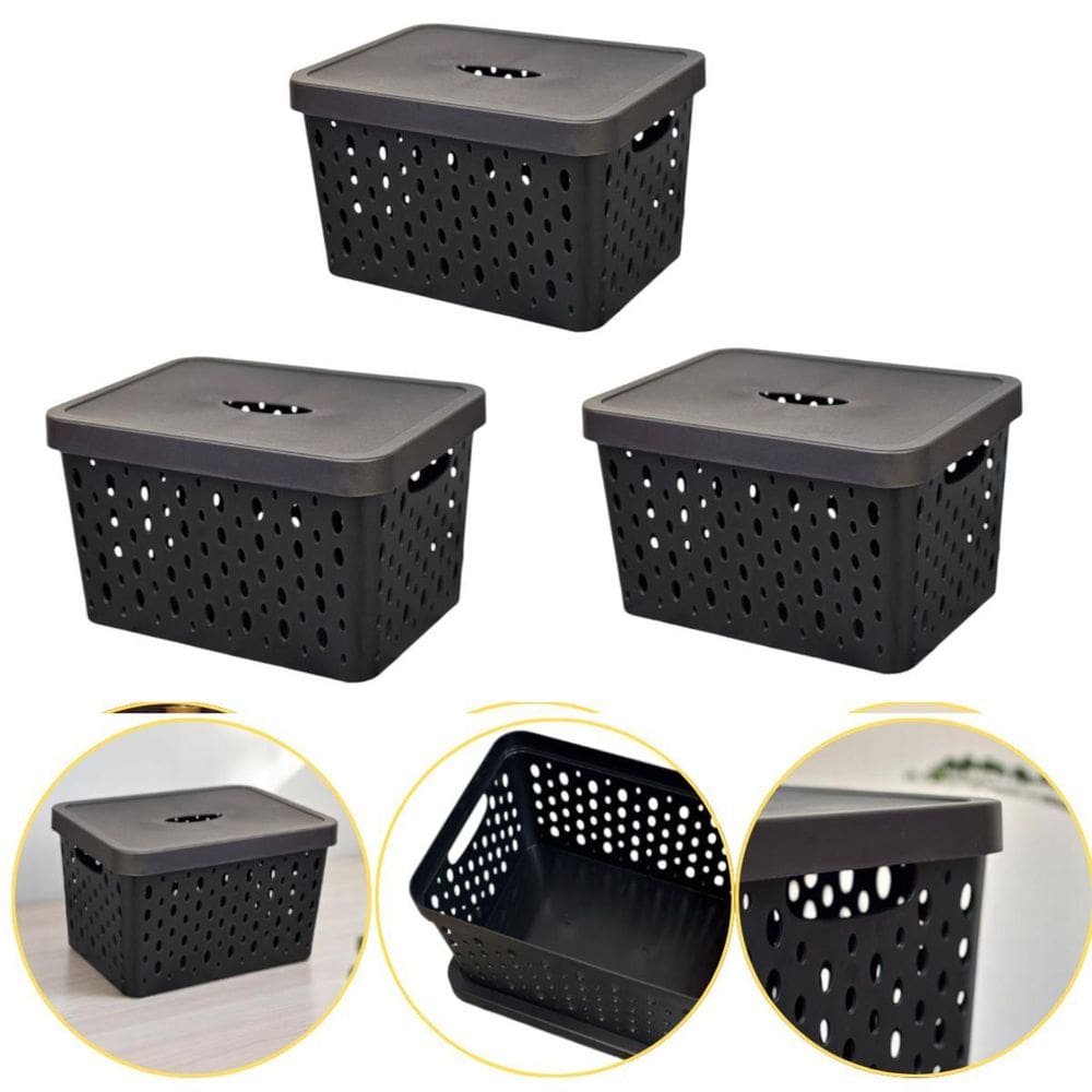 Kit 3 Caixa Cesto Organizador Multiuso Empilhável 17 L Preto