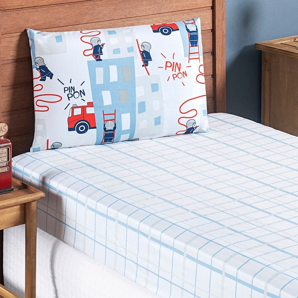 Jogo Cama Lençol Fantasy Solteiro Cama Quarto Infantil Microfibra 2 Peças Bombeiros Branco
