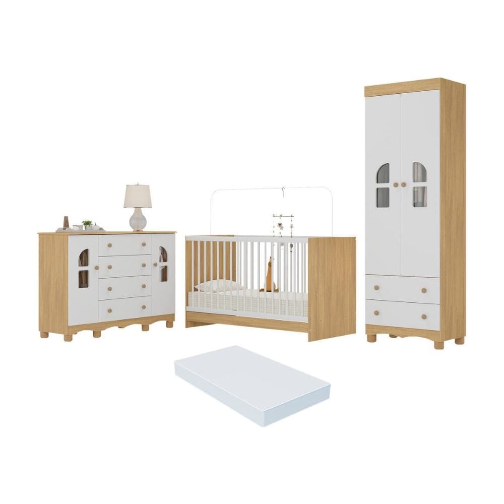 Quarto de Bebê Completo com Berço 3 em 1 com Colchão Incluso Aurora Multimóveis MP4580