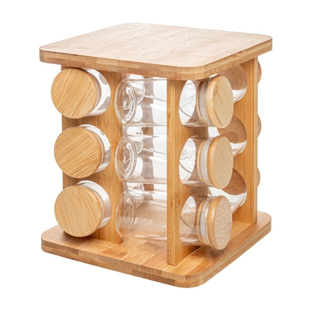 Cj 12 Potes de Vidro 120ml P/Temperos e Condimentos C/Tampa Hermética e Rack Giratório de Bambu Wolff