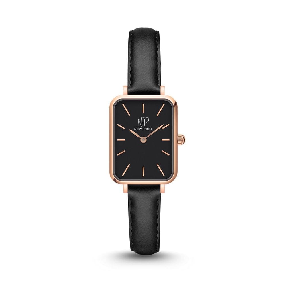 Relógio Feminino Quadrado  Rose couro preto minimalista New Port