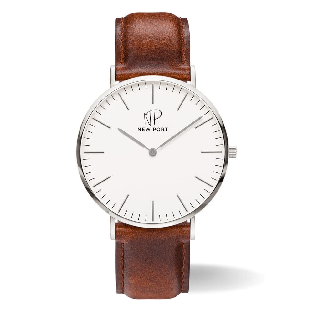 Relógio Masculino prata couro marrom Minimalista 40mm New Port