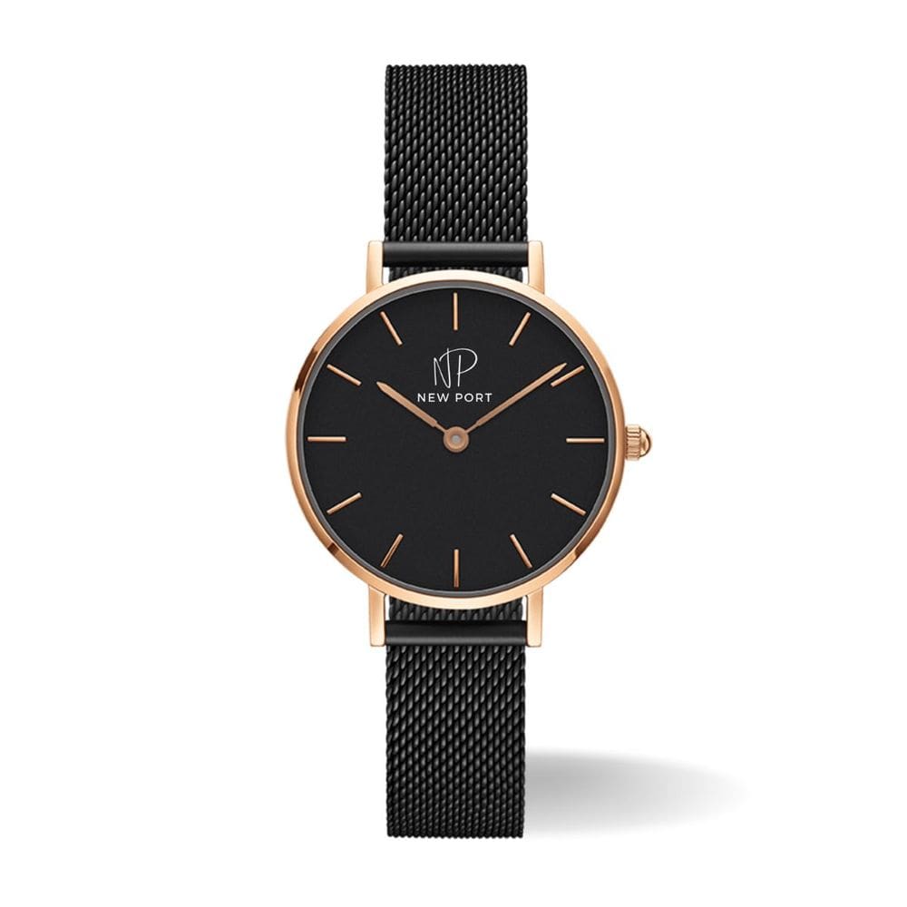 Relógio Feminino Preto Rose Gold 32mm minimalista New Port