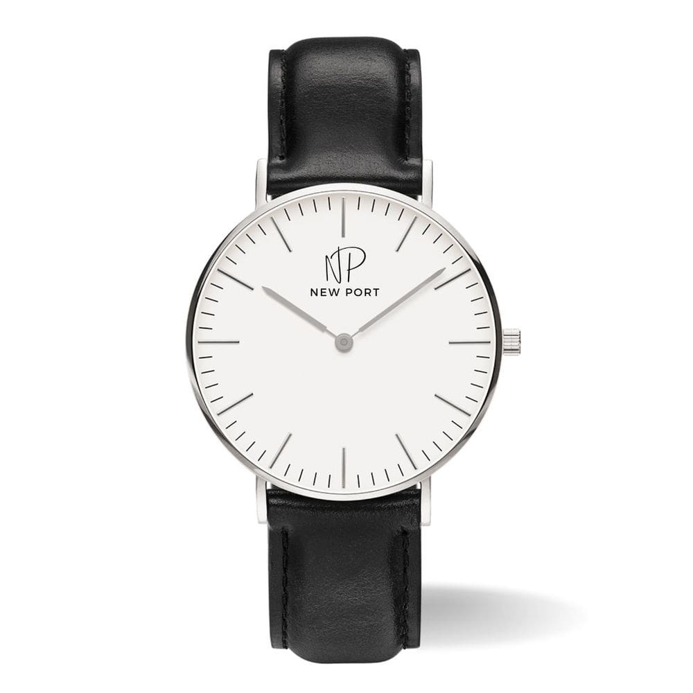 Relógio Masculino prata Couro Preto 40mm minimalista New Port
