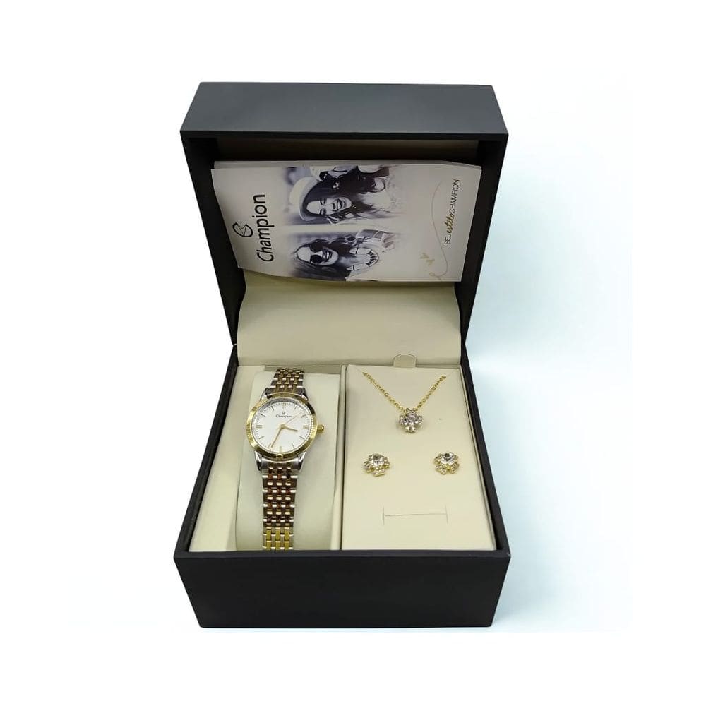 Kit Relógio feminino dourado com prata 26 mm analógico Champion