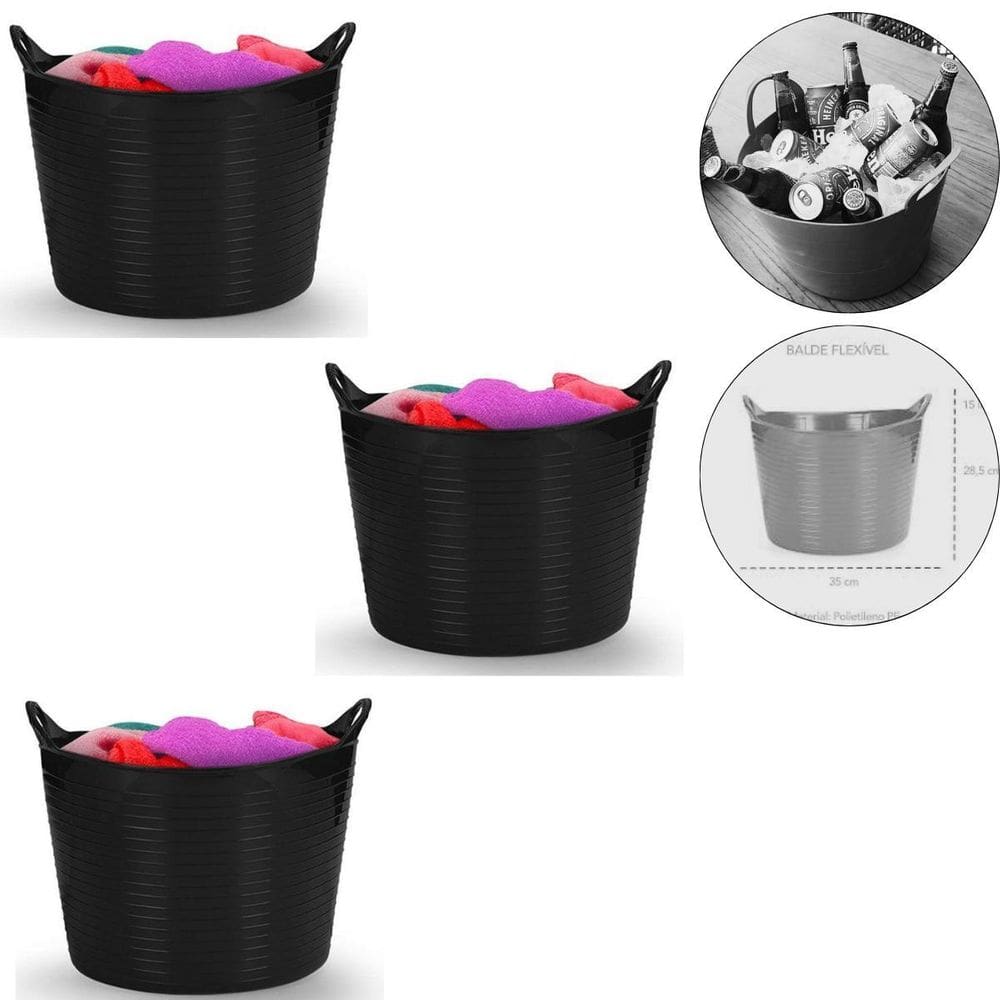 Kit 3 Baldes Cesto Flexível Com Alça 15L Preto-Fersil
