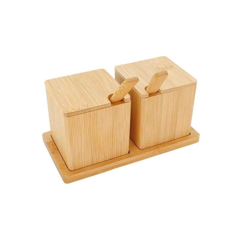 Cj 2 Potes Quadrados 200ml P/Temperos e Condimentos C/Tampa Colher e Suporte de Bambu Mimo Style