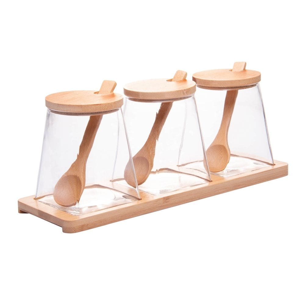Cj 3 Potes de Vidro 350ml P/Temperos e Condimentos C/Tampa Colher e Suporte de Bambu Wolff