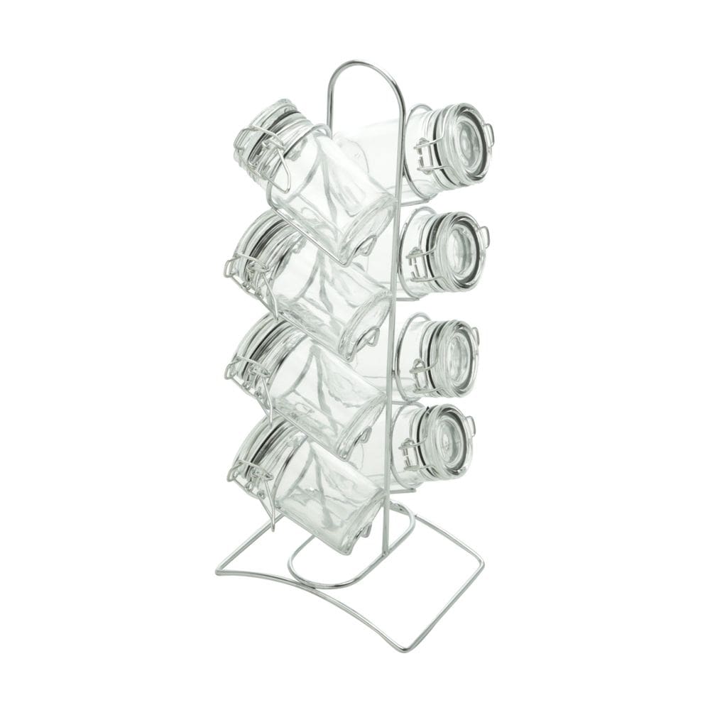 Cj 8 Potes de Vidro 65ml P/Temperos e Condimentos C/Suporte de Metal Cromado Lyor