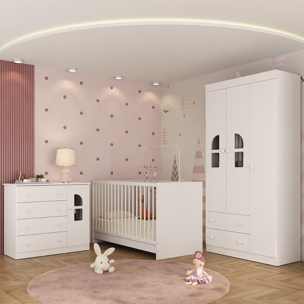 Quarto de Bebê Completo com Berço 3 em 1 para Colchão 130x60cm Amora Multimóveis MP4557