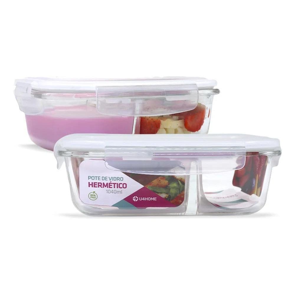 2X Kit 2 Potes Vidro Divisória Hermético Marmita 1040Ml Cor