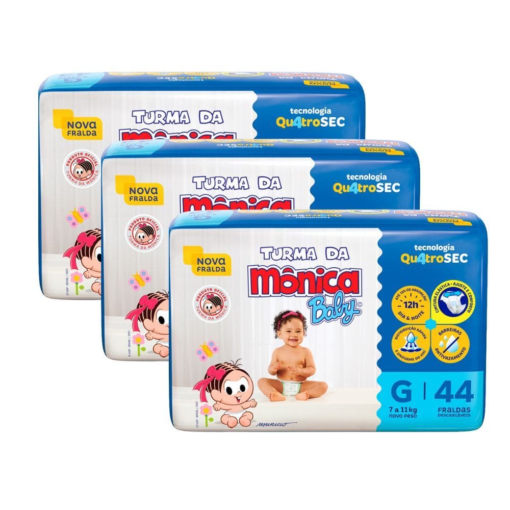 Kit 3 Fralda Turma da Mônica Baby Mega Tamanho G 44 Unidades Descartáveis