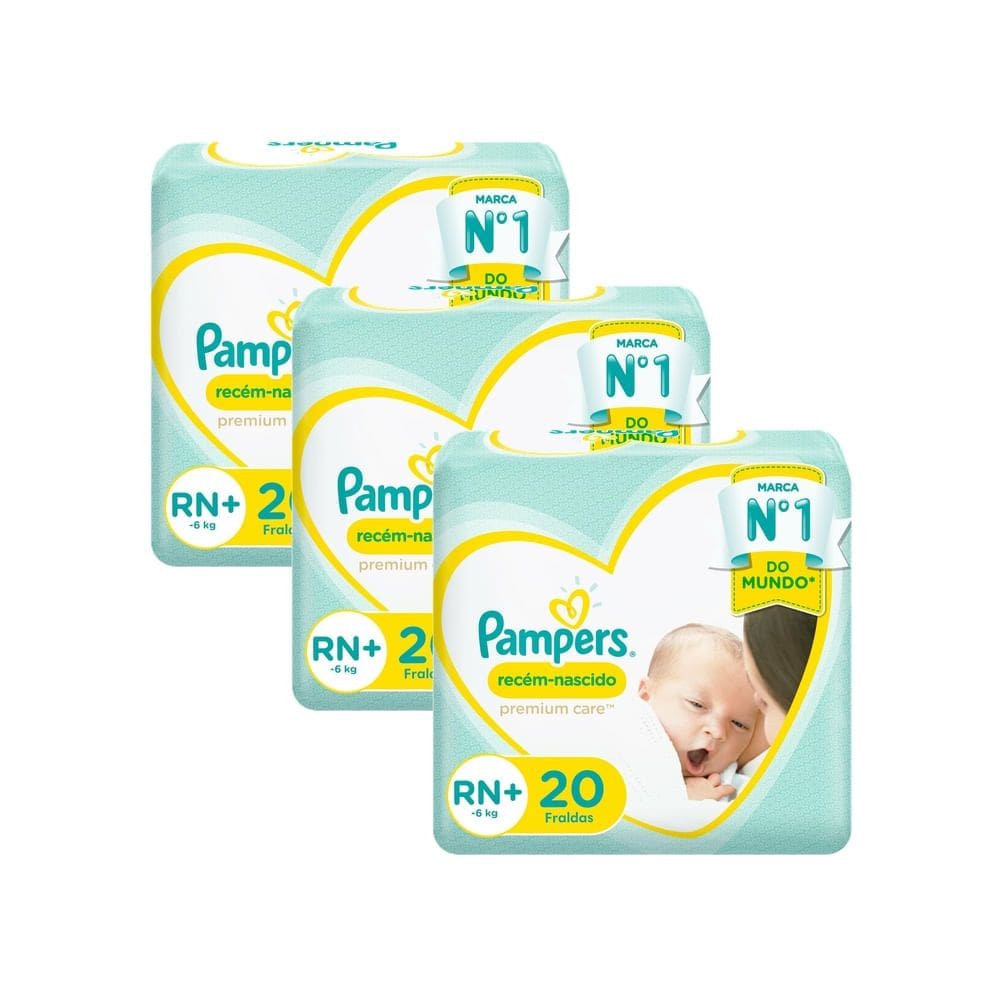 Kit 3 Fralda Pampers Recém-Nascido Premium Care RN+ com 20 Unidades