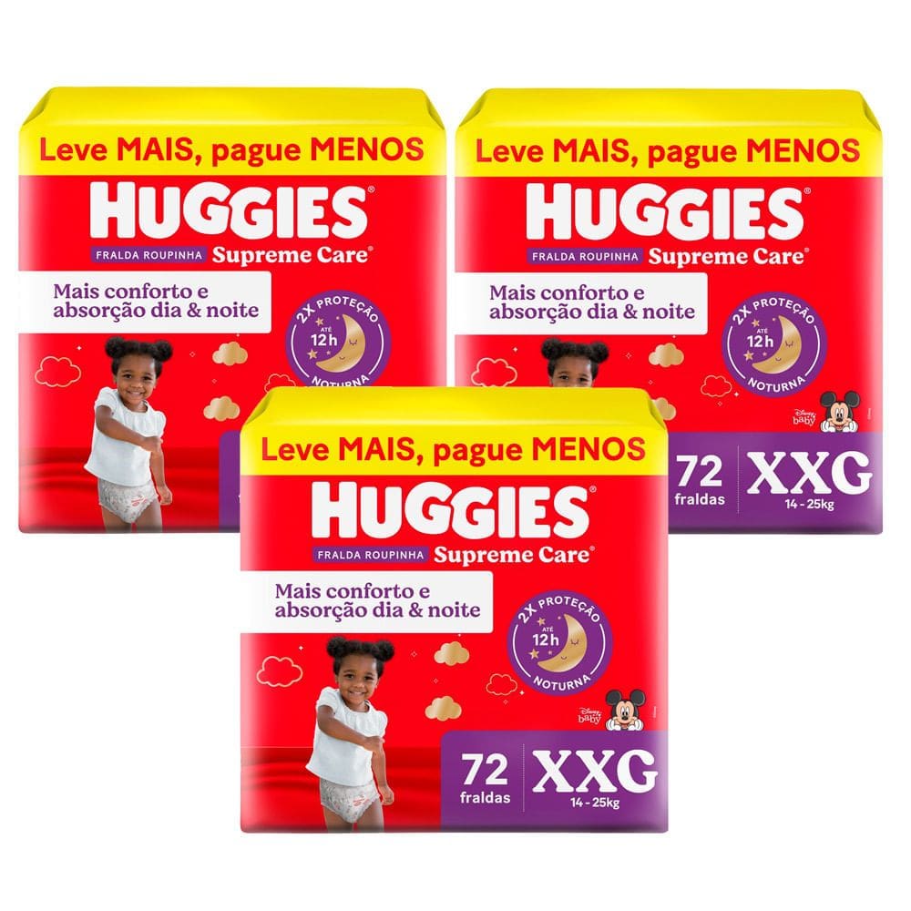 Kit 3 Fralda Roupinha Huggies Supreme Care Tamanho XXG 72 Unidades Descartáveis