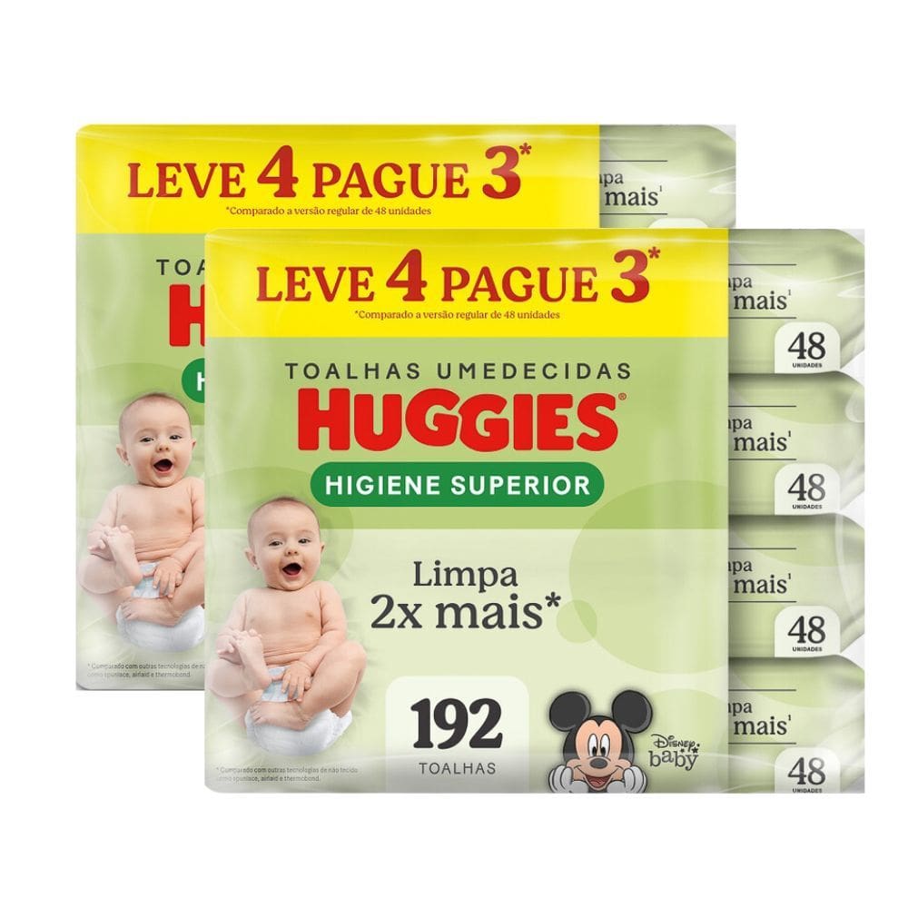 Kit 2 Lenços Huggies Higiene Superior Limpam 2x Mais 4 x 48 Unidades