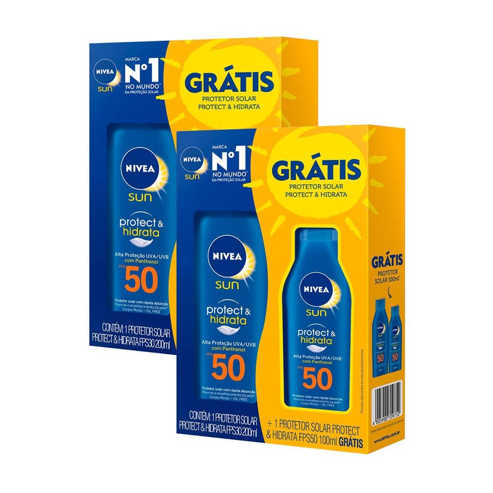 Kit 2 Protetor Solar Nivea Sun Protect & Hidrata FPS 50 Loção 200ml e Ganhe Protetor Solar Nivea Sun Protect & Hidrata FPS 50 Loção 100ml