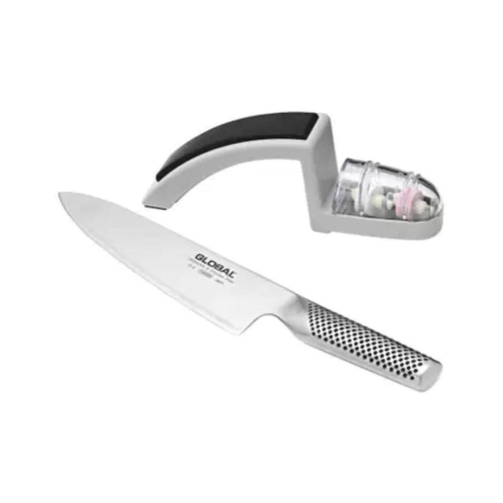 Conjunto Faca Chefe E Afiador 2 Estágios Aço Inox 20cm Global