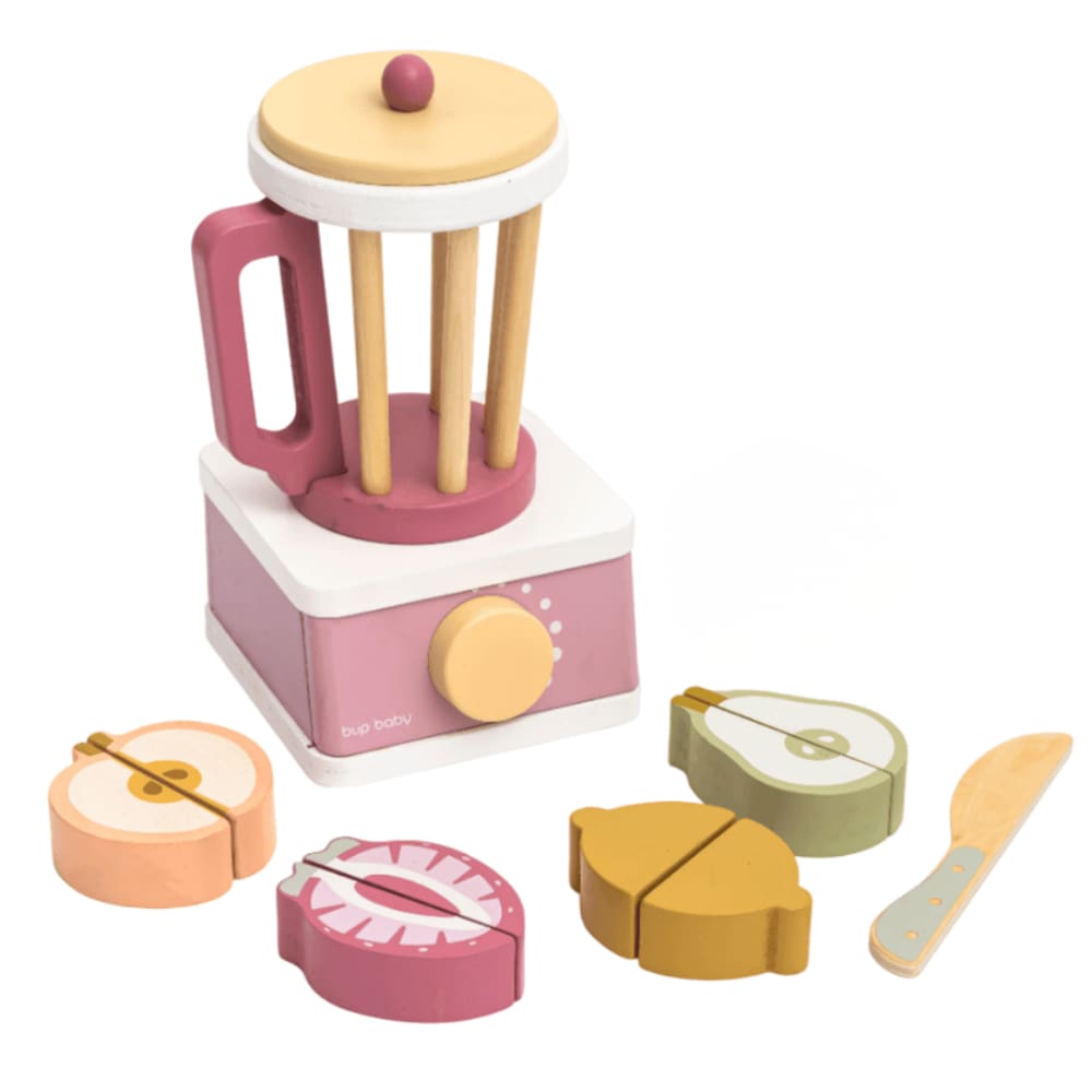 Brinquedo De Madeira Kit Liquidificador Com Frutas e Corte Rosa - Bup Baby