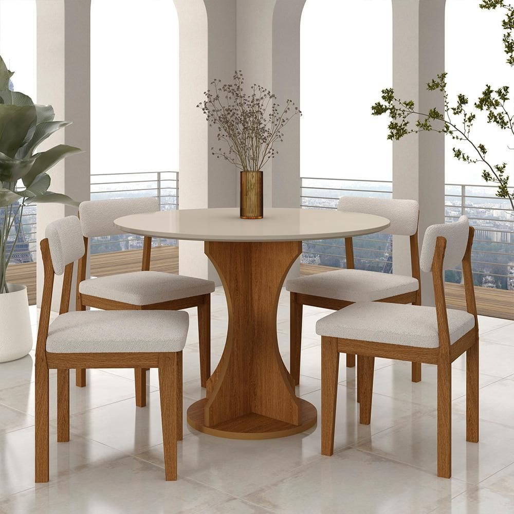 Mesa Redonda Cosença Com 4 Cadeiras Estofadas Fre/off/bouclé Off - M.a