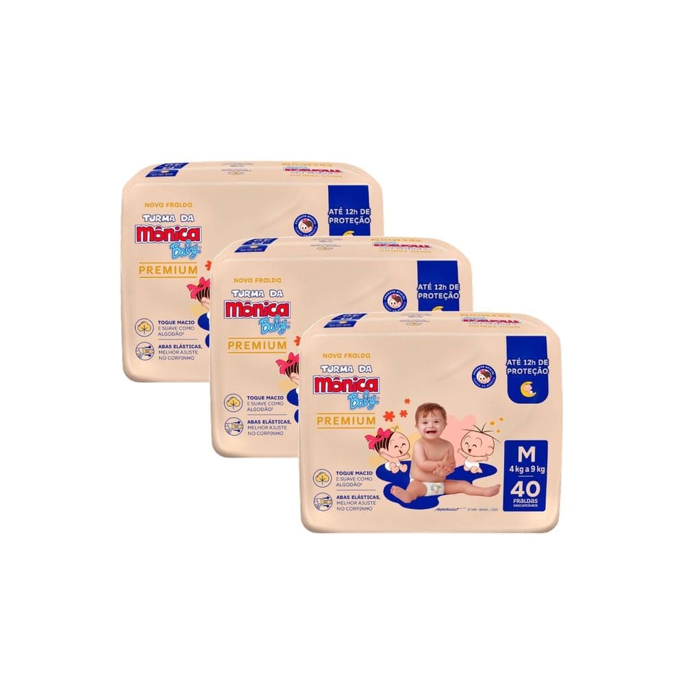 Kit 3 Fralda Infantil Turma da Mônica Baby Premium Tamanho M 40 Unidades