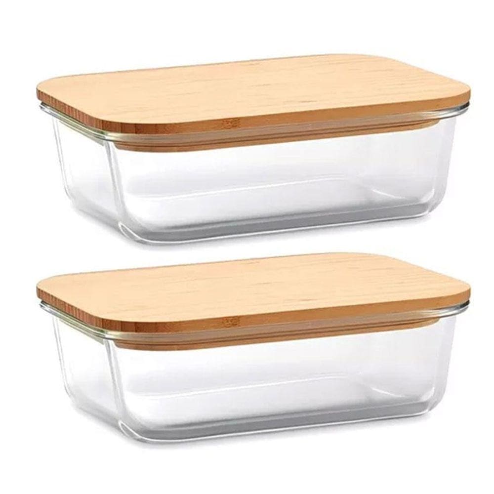 Kit 2 Pote Hermético Vidro Tampa De Bambu 1040Ml