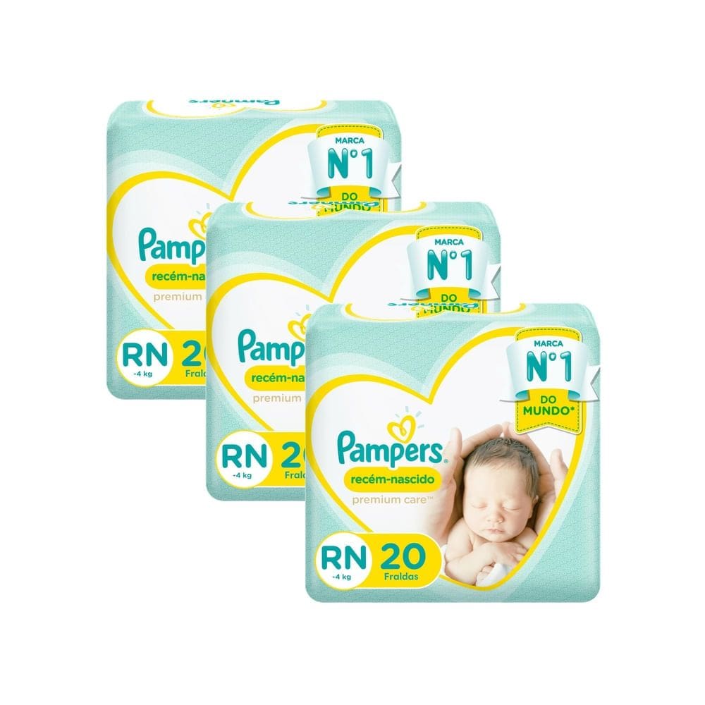 Kit 3 Fralda Pampers Recém-Nascido Premium Care RN 20 Unidades