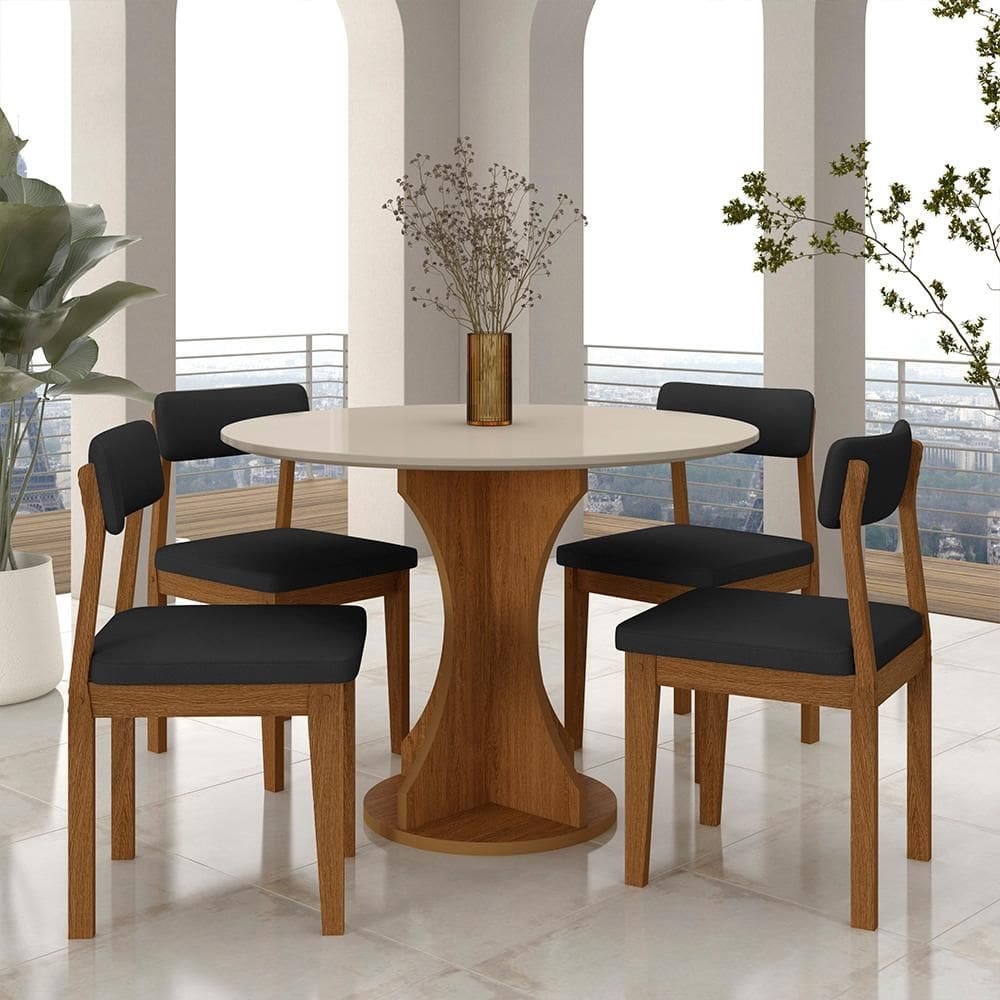 Mesa Redonda Cosença Com 4 Cadeiras Estofadas Fre/off/s.preto - M.a