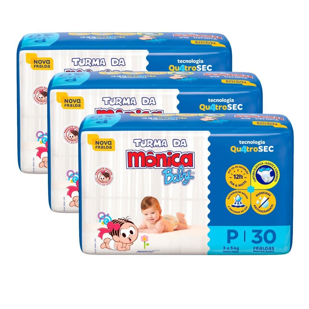 Kit 3 Fralda Turma da Mônica Baby Mega Tamanho P 30 Unidades Descartáveis
