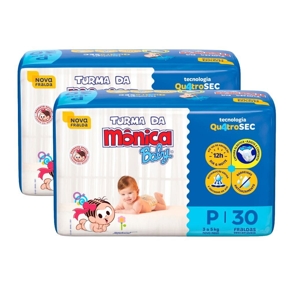 Kit 2 Fralda Turma da Mônica Baby Mega Tamanho P 30 Unidades Descartáveis