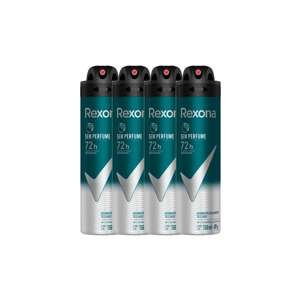 Kit 4 Desodorante Antitranspirante Aerosol Masculino Rexona Sem Perfume 72 horas 150ml