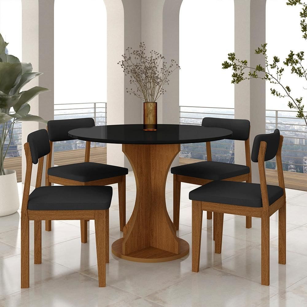 Mesa Redonda Cosença Com 4 Cadeiras Estofadas Fre/pto/s.preto - M.a