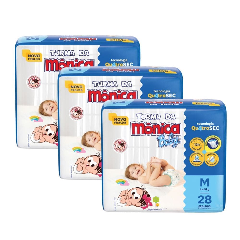 Kit 3 Fralda Infantil Turma da Mônica Baby Jumbo Tamanho M 28 Fraldas Descartáveis