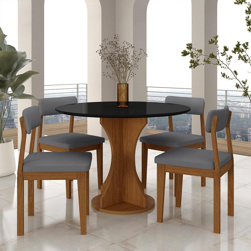 Mesa Redonda Cosença Com 4 Cadeiras Estofadas Fre/pto/s.cinza - M.a