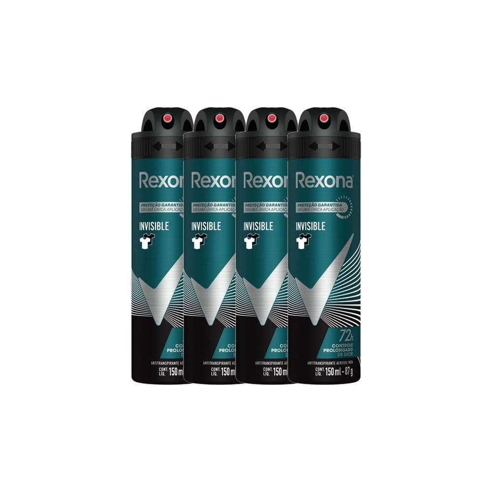 Kit 4 Desodorante Rexona Invisible Masculino Aerosol Antitranspirante 72 horas 150ml