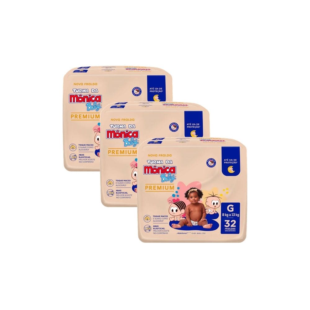Kit 3 Fralda Infantil Turma da Mônica Baby Premium Tamanho G 32 Unidades