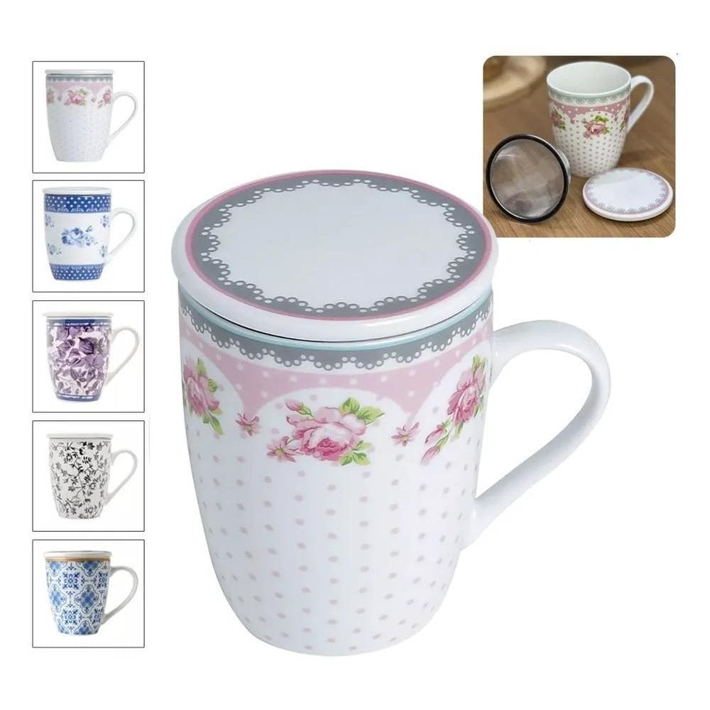 2X Caneca De Cerâmica P/Chá Tampa E Infusor Super White 310