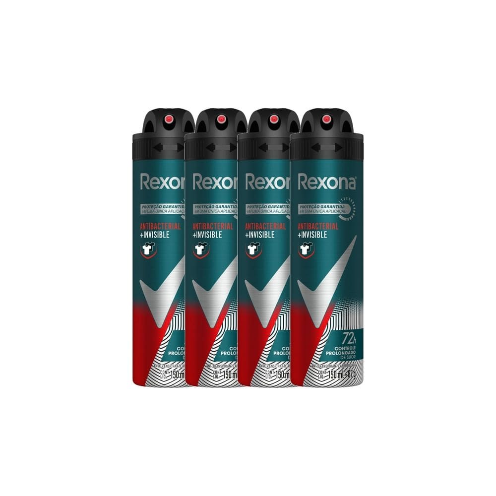 Kit 4 Desodorante Rexona Antibacterial e Invisible Masculino Aerosol Antitranspirante 72 horas 150ml