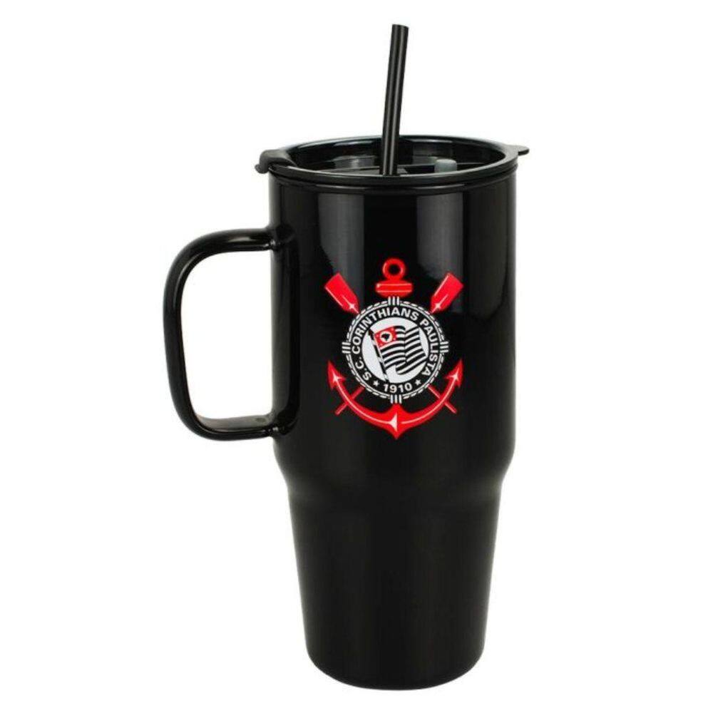 Caneca Vidro Opaca Canudo E Tampa 1200Ml - Corinthians