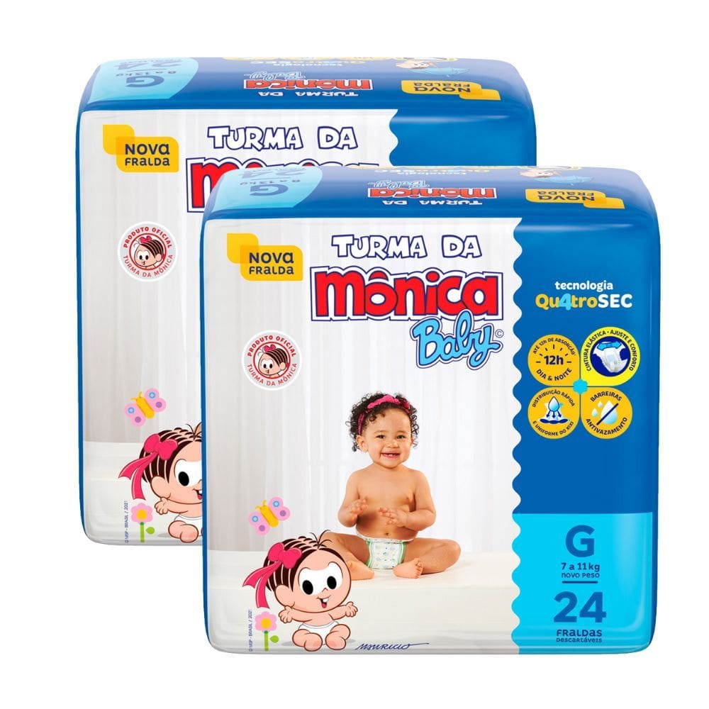Kit 2 Fralda Turma da Mônica Baby Tamanho G Pacote Jumbo 24 Unidades Descartáveis