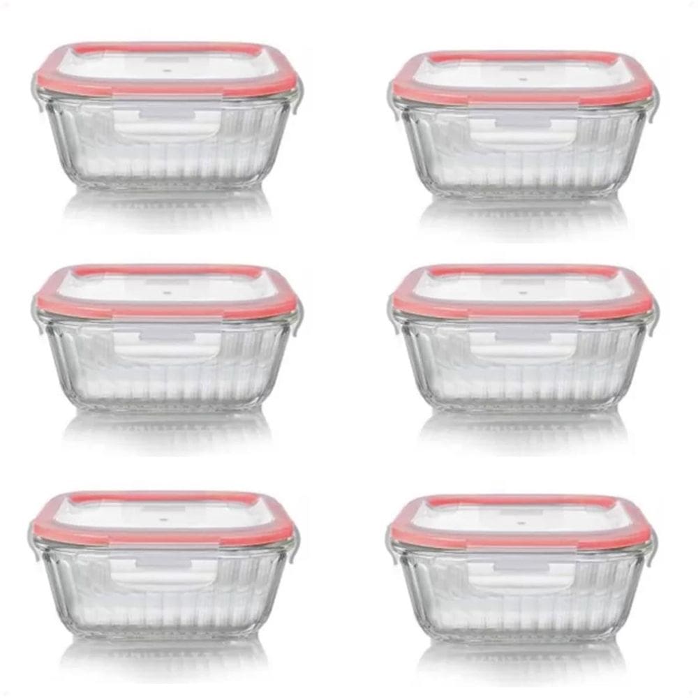 6 Potes Herméticos Canelados Vidro Quadrado 320Ml Com Tampa