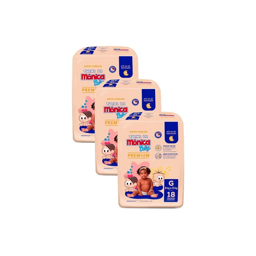 Kit 3 Fralda Infantil Turma da Mônica Baby Premium Tamanho G Pacote Jumbo 18 Unidades